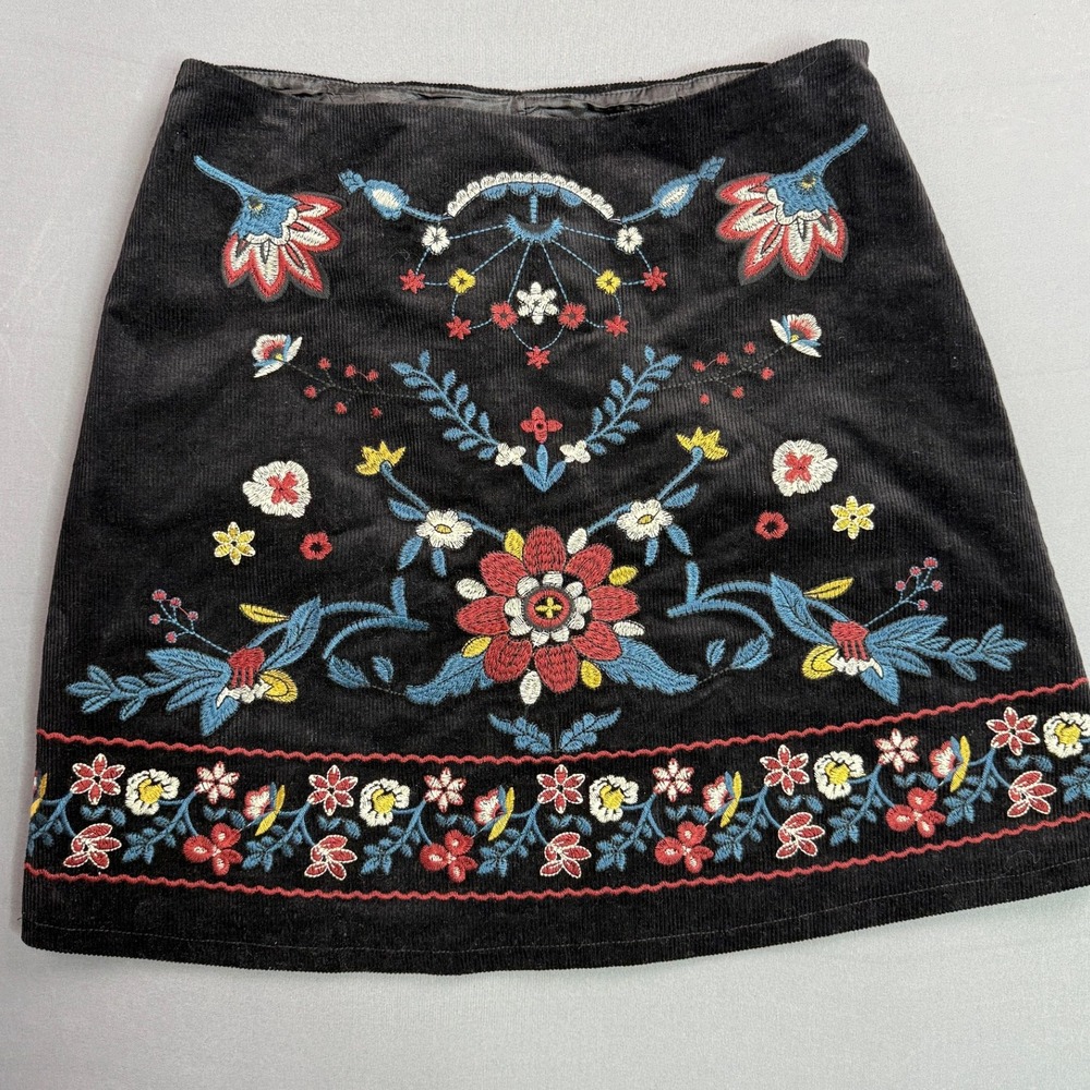 miami corduroy Black Mini Skirt with Red, Blue & Yellow Floral Embroidery